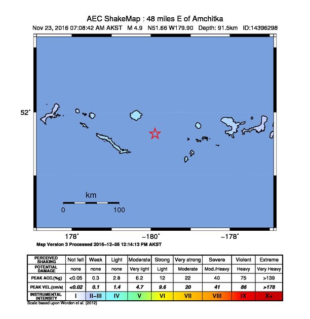 USGS ShakeMap: estimated shaking intensity around the epicenter