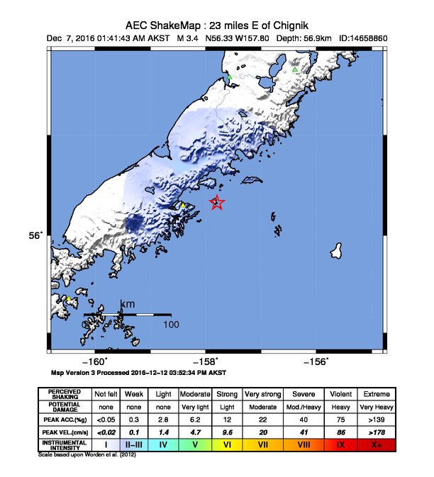 USGS ShakeMap: estimated shaking intensity around the epicenter