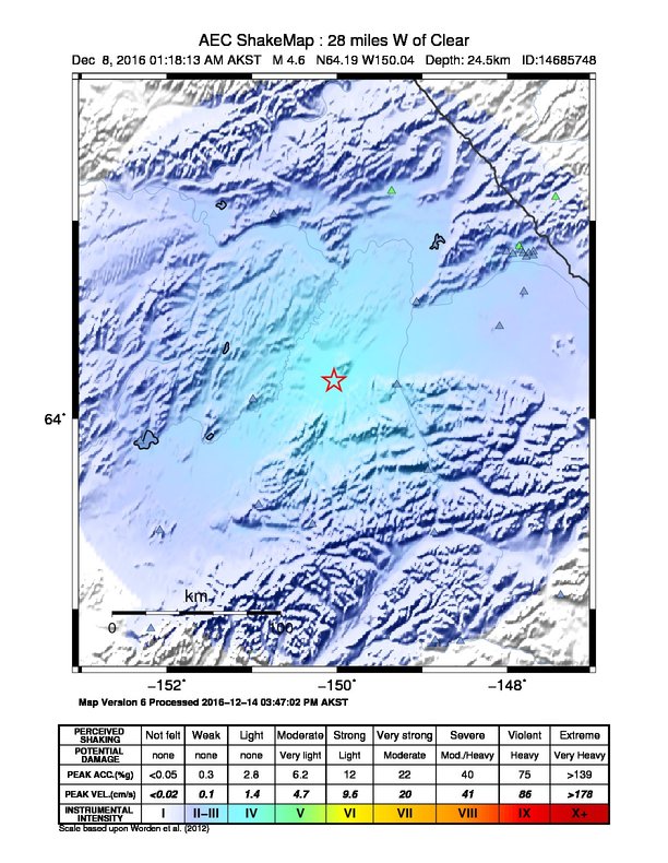 USGS ShakeMap: estimated shaking intensity around the epicenter