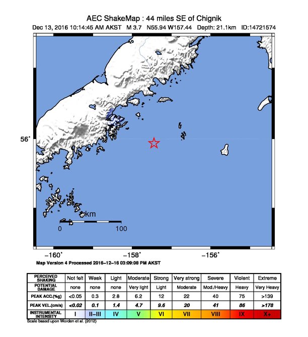 USGS ShakeMap: estimated shaking intensity around the epicenter