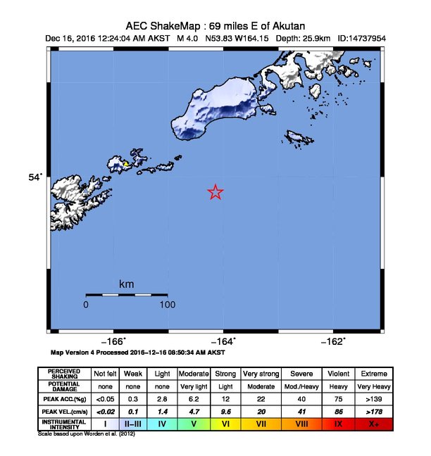 USGS ShakeMap: estimated shaking intensity around the epicenter