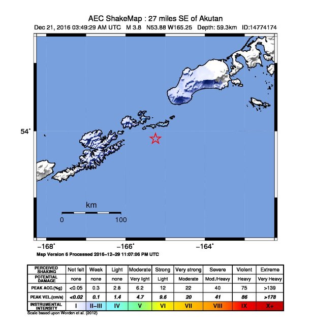 USGS ShakeMap: estimated shaking intensity around the epicenter
