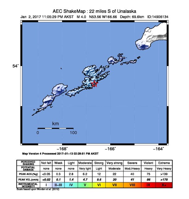 USGS ShakeMap: estimated shaking intensity around the epicenter