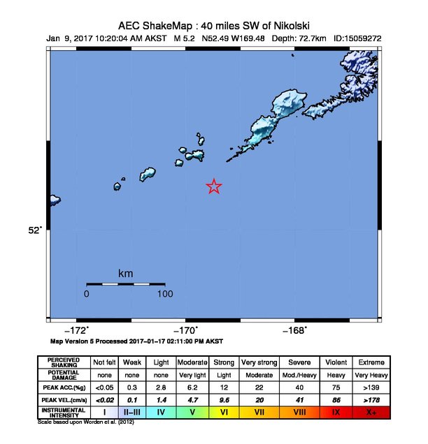 USGS ShakeMap: estimated shaking intensity around the epicenter