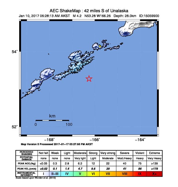 USGS ShakeMap: estimated shaking intensity around the epicenter