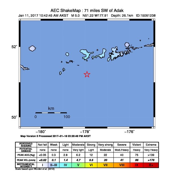 USGS ShakeMap: estimated shaking intensity around the epicenter