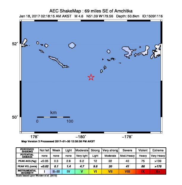 USGS ShakeMap: estimated shaking intensity around the epicenter