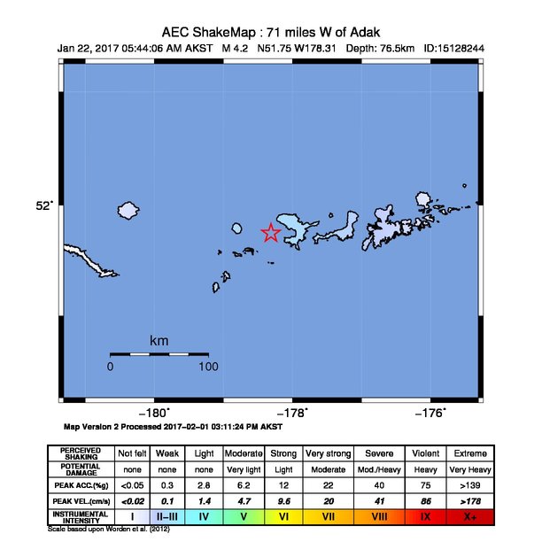 USGS ShakeMap: estimated shaking intensity around the epicenter