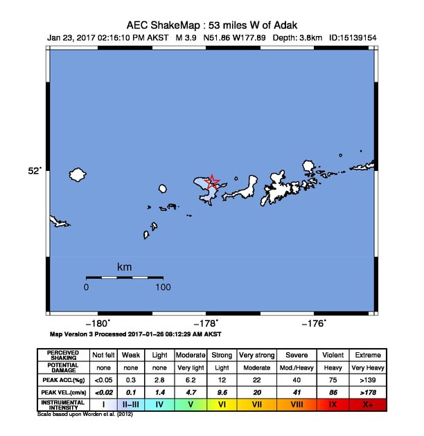 USGS ShakeMap: estimated shaking intensity around the epicenter
