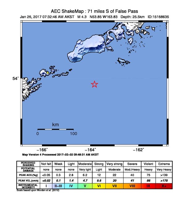 USGS ShakeMap: estimated shaking intensity around the epicenter