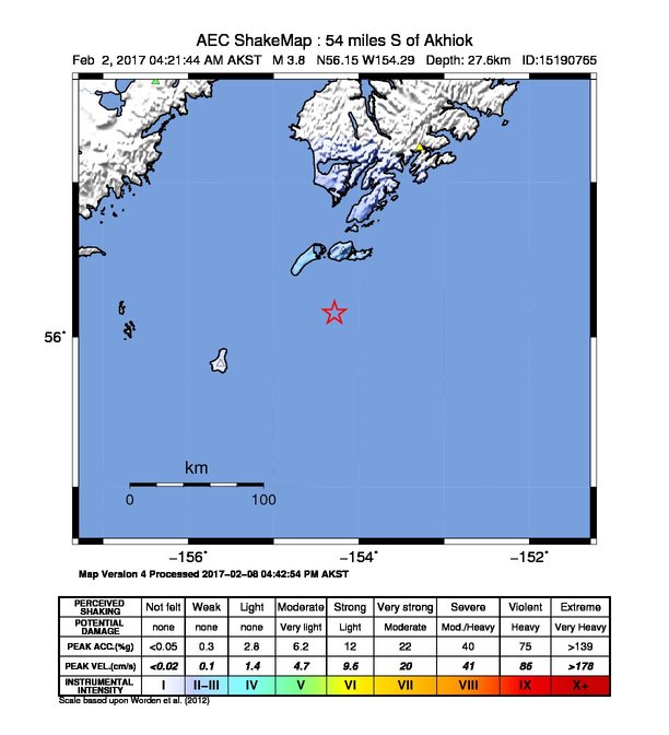 USGS ShakeMap: estimated shaking intensity around the epicenter