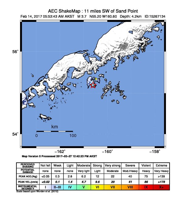 USGS ShakeMap: estimated shaking intensity around the epicenter