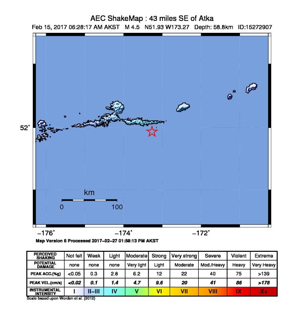 USGS ShakeMap: estimated shaking intensity around the epicenter