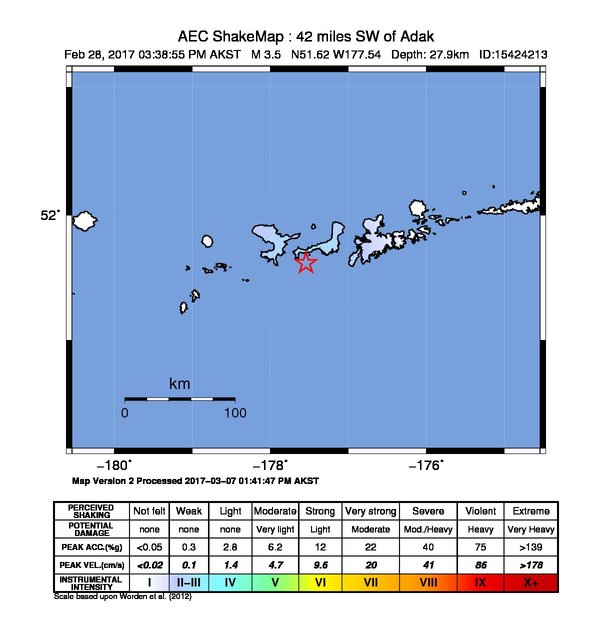 USGS ShakeMap: estimated shaking intensity around the epicenter