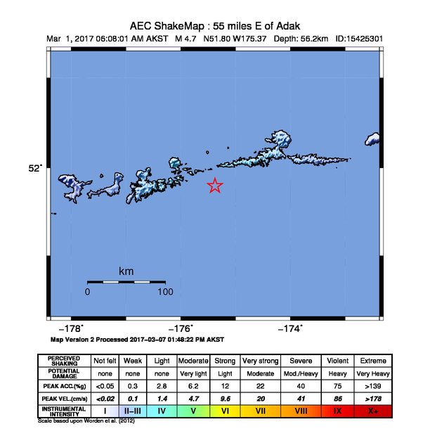 USGS ShakeMap: estimated shaking intensity around the epicenter
