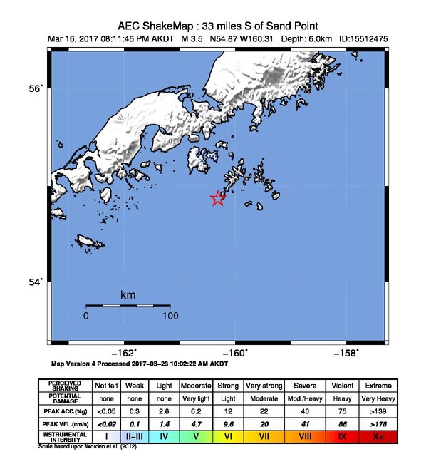 USGS ShakeMap: estimated shaking intensity around the epicenter