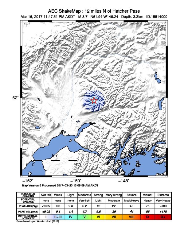 USGS ShakeMap: estimated shaking intensity around the epicenter