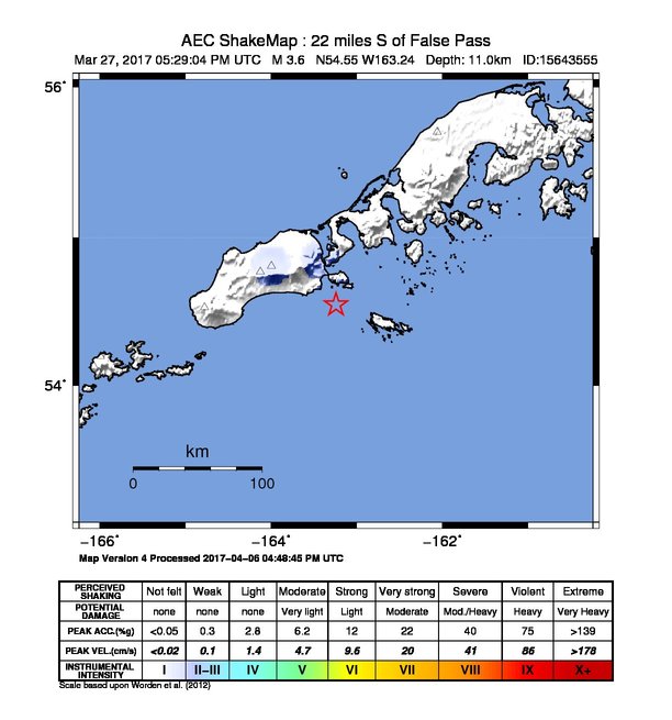 USGS ShakeMap: estimated shaking intensity around the epicenter