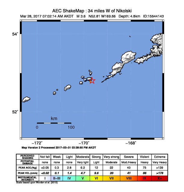 USGS ShakeMap: estimated shaking intensity around the epicenter