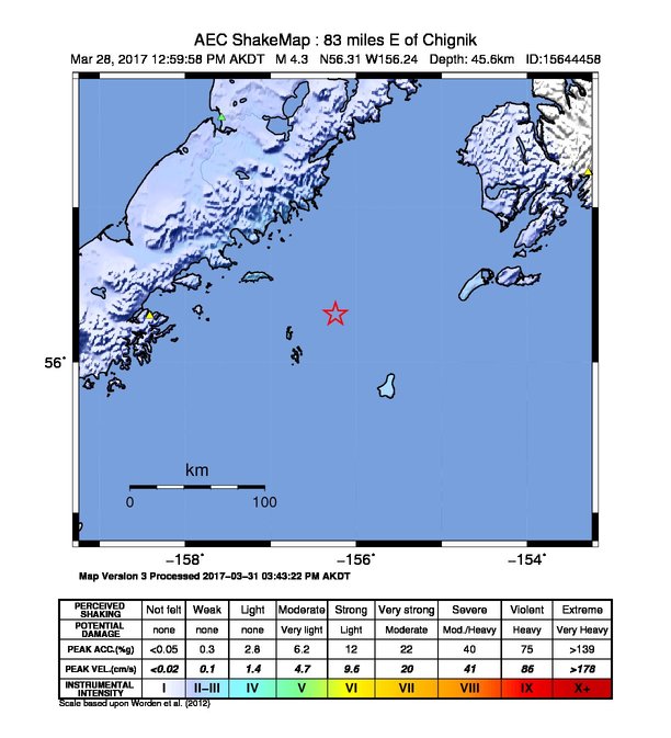USGS ShakeMap: estimated shaking intensity around the epicenter