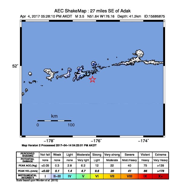 USGS ShakeMap: estimated shaking intensity around the epicenter