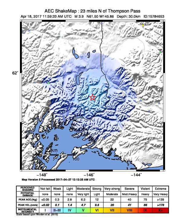USGS ShakeMap: estimated shaking intensity around the epicenter