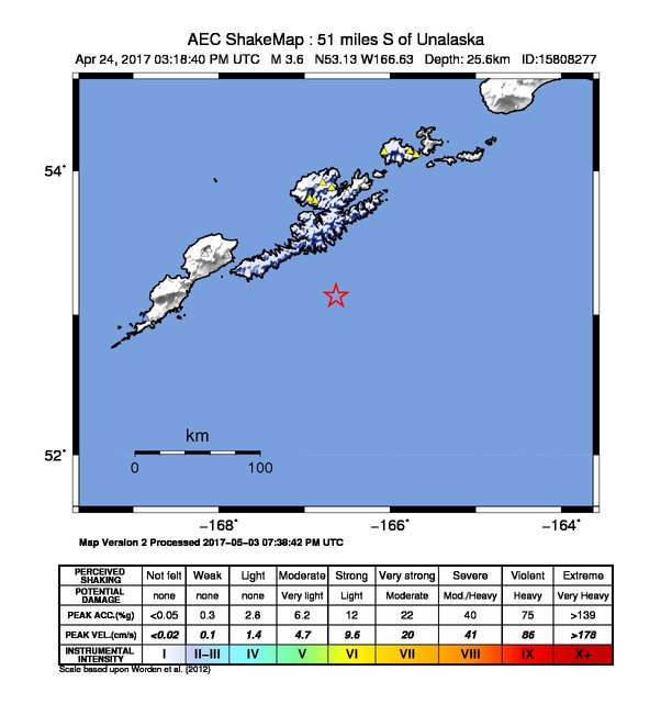 USGS ShakeMap: estimated shaking intensity around the epicenter