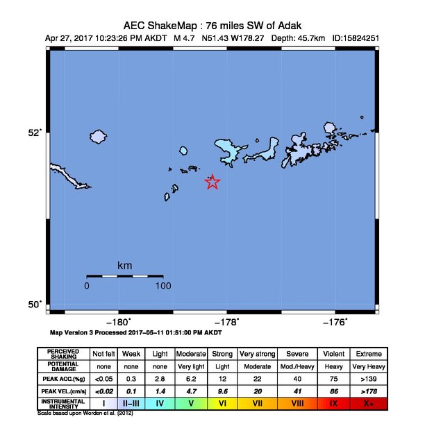 USGS ShakeMap: estimated shaking intensity around the epicenter