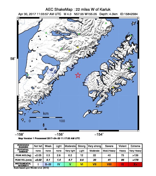 USGS ShakeMap: estimated shaking intensity around the epicenter