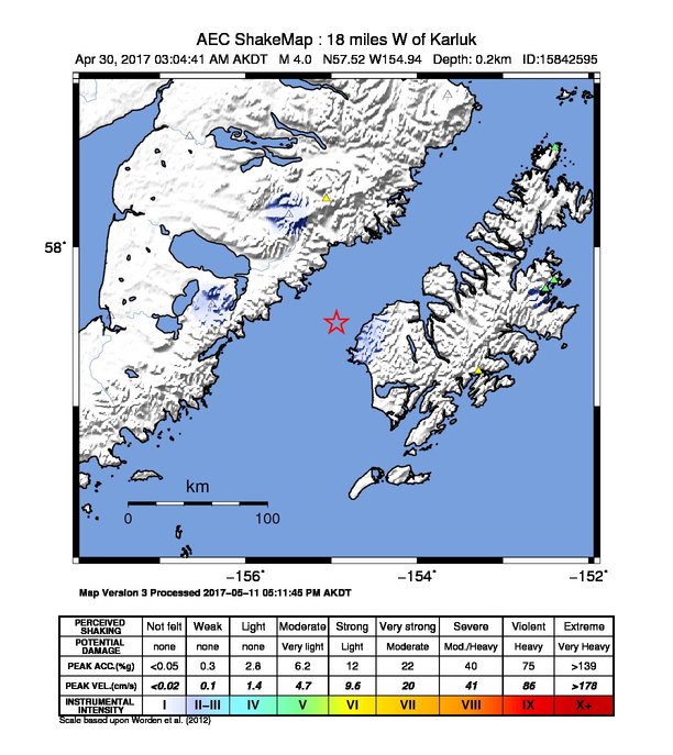 USGS ShakeMap: estimated shaking intensity around the epicenter