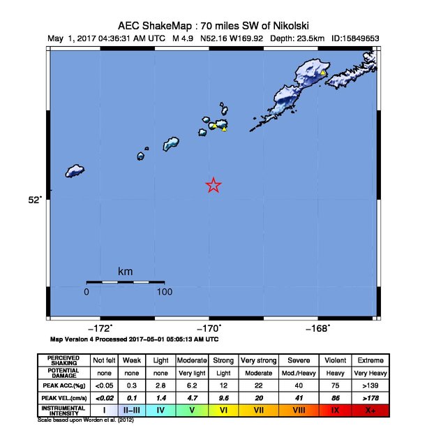 USGS ShakeMap: estimated shaking intensity around the epicenter
