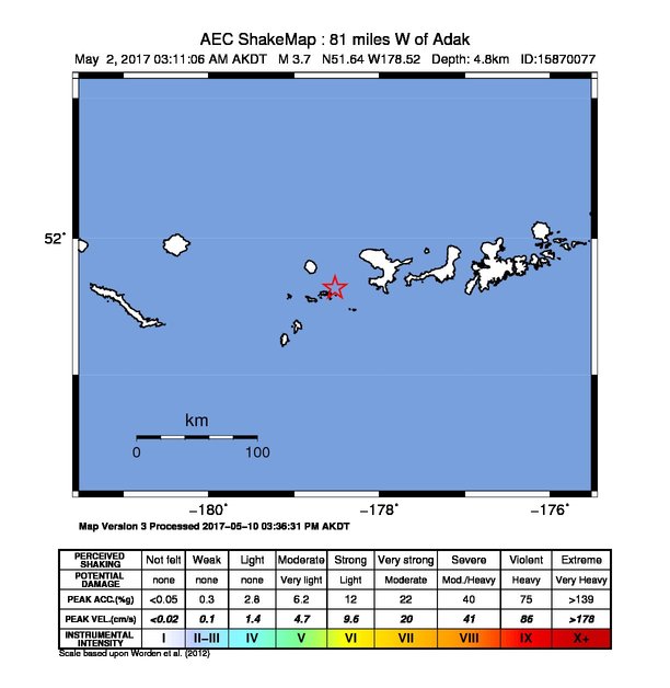 USGS ShakeMap: estimated shaking intensity around the epicenter