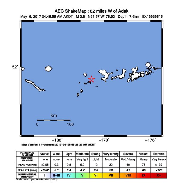 USGS ShakeMap: estimated shaking intensity around the epicenter