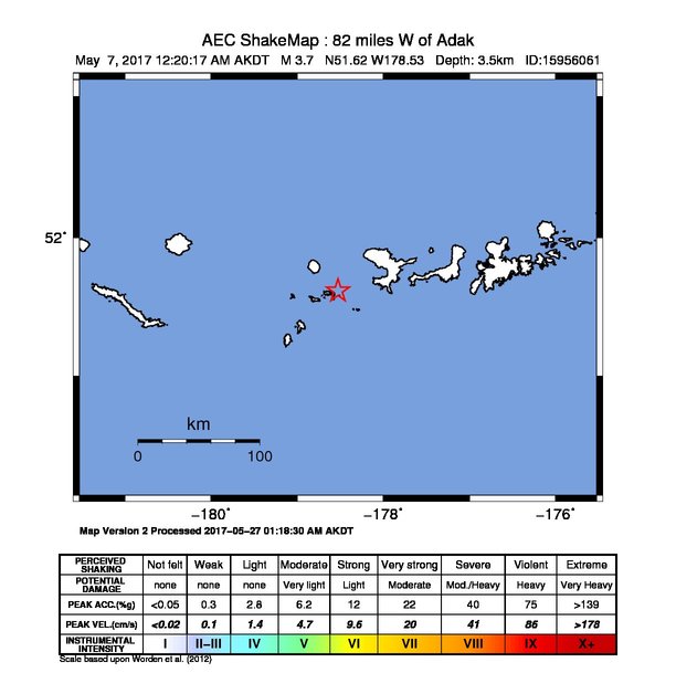 USGS ShakeMap: estimated shaking intensity around the epicenter