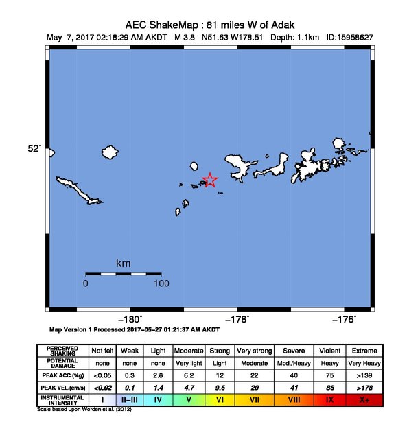 USGS ShakeMap: estimated shaking intensity around the epicenter