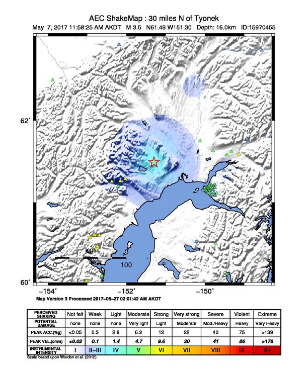 USGS ShakeMap: estimated shaking intensity around the epicenter