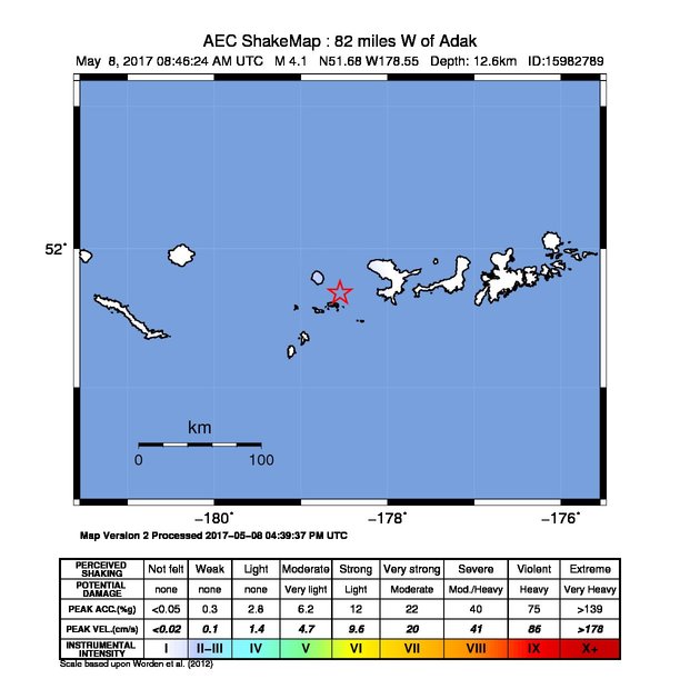 USGS ShakeMap: estimated shaking intensity around the epicenter