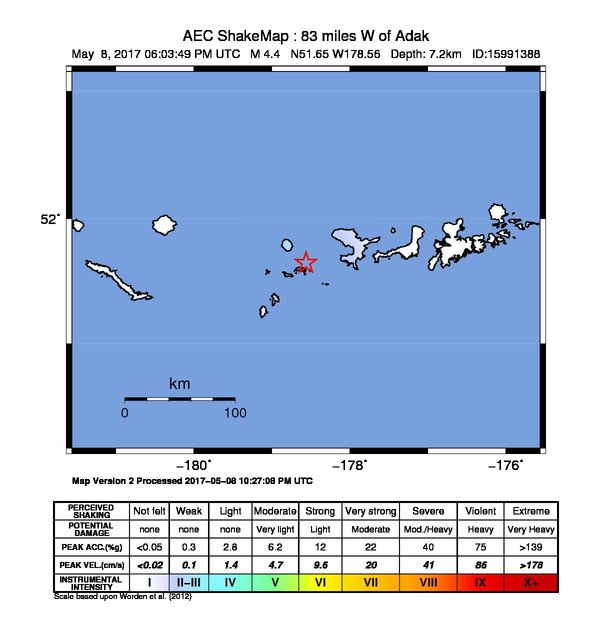 USGS ShakeMap: estimated shaking intensity around the epicenter