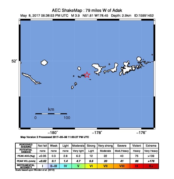 USGS ShakeMap: estimated shaking intensity around the epicenter