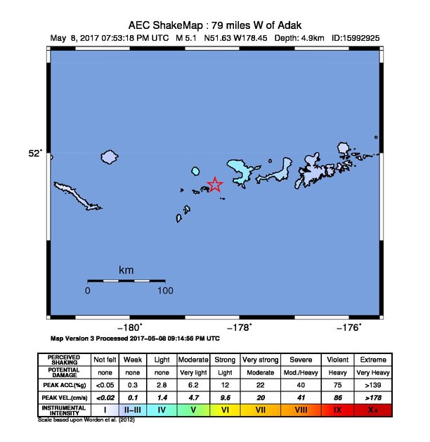 USGS ShakeMap: estimated shaking intensity around the epicenter