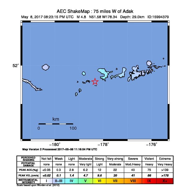 USGS ShakeMap: estimated shaking intensity around the epicenter