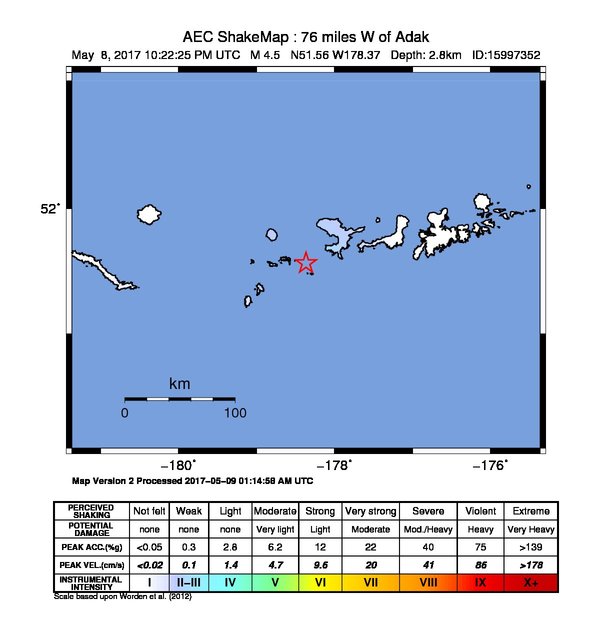 USGS ShakeMap: estimated shaking intensity around the epicenter