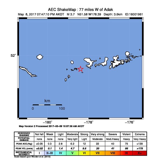 USGS ShakeMap: estimated shaking intensity around the epicenter