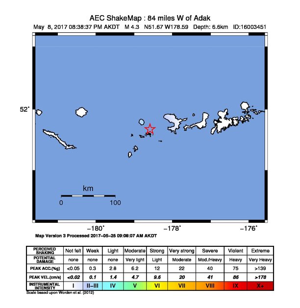 USGS ShakeMap: estimated shaking intensity around the epicenter