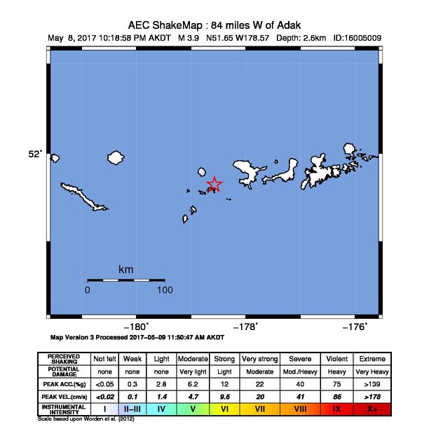 USGS ShakeMap: estimated shaking intensity around the epicenter