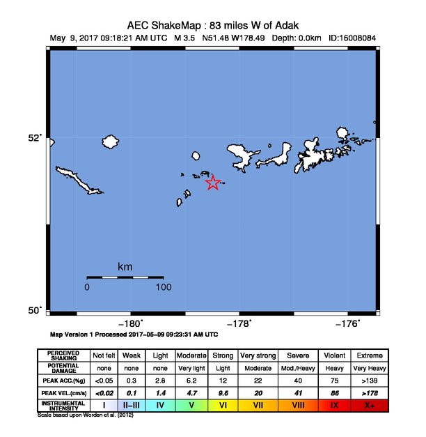 USGS ShakeMap: estimated shaking intensity around the epicenter