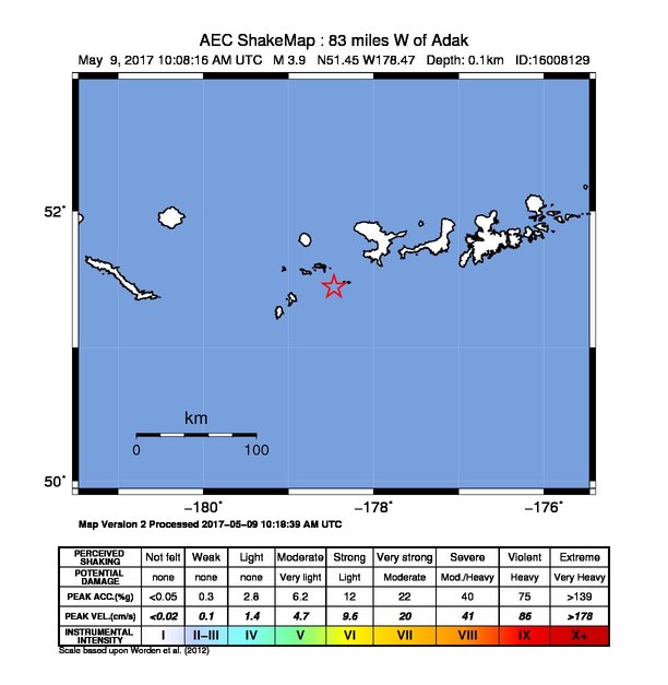 USGS ShakeMap: estimated shaking intensity around the epicenter