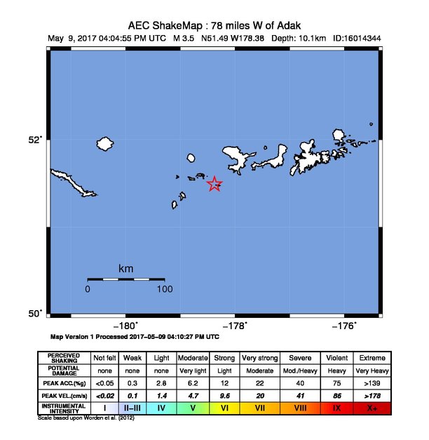 USGS ShakeMap: estimated shaking intensity around the epicenter