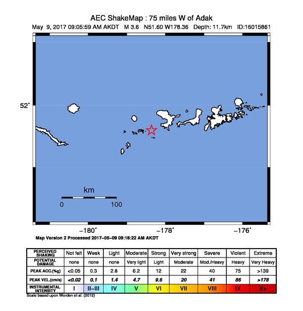 USGS ShakeMap: estimated shaking intensity around the epicenter