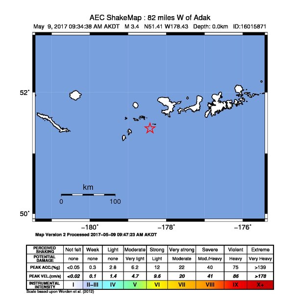 USGS ShakeMap: estimated shaking intensity around the epicenter
